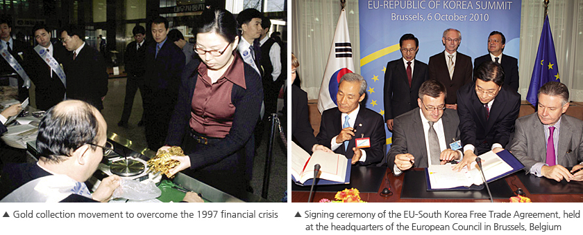 Photo-Gold collection movement to overcome the 1997 financial crisis (left), Signing ceremony of the EU–South Korea Free Trade Agreement, held at the headquarters of the European Council in Brussels, Belgium (right)