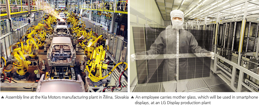 Photo-Assembly line at the Kia Motors manufacturing plant in Žilina, Slovakia (left), An employee carries mother glass, which will be used in smartphone displays, at an LG Display production plant (right)