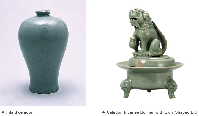 Inlaid celadon (left), Celadon Incense Burner with Lion-Shaped Lid (right)