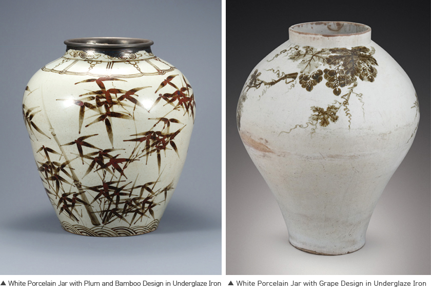 White Porcelain Jar with Plum and Bamboo Design in Underglaze Iron (left), White Porcelain Jar with Grape Design in Underglaze Iron (right)